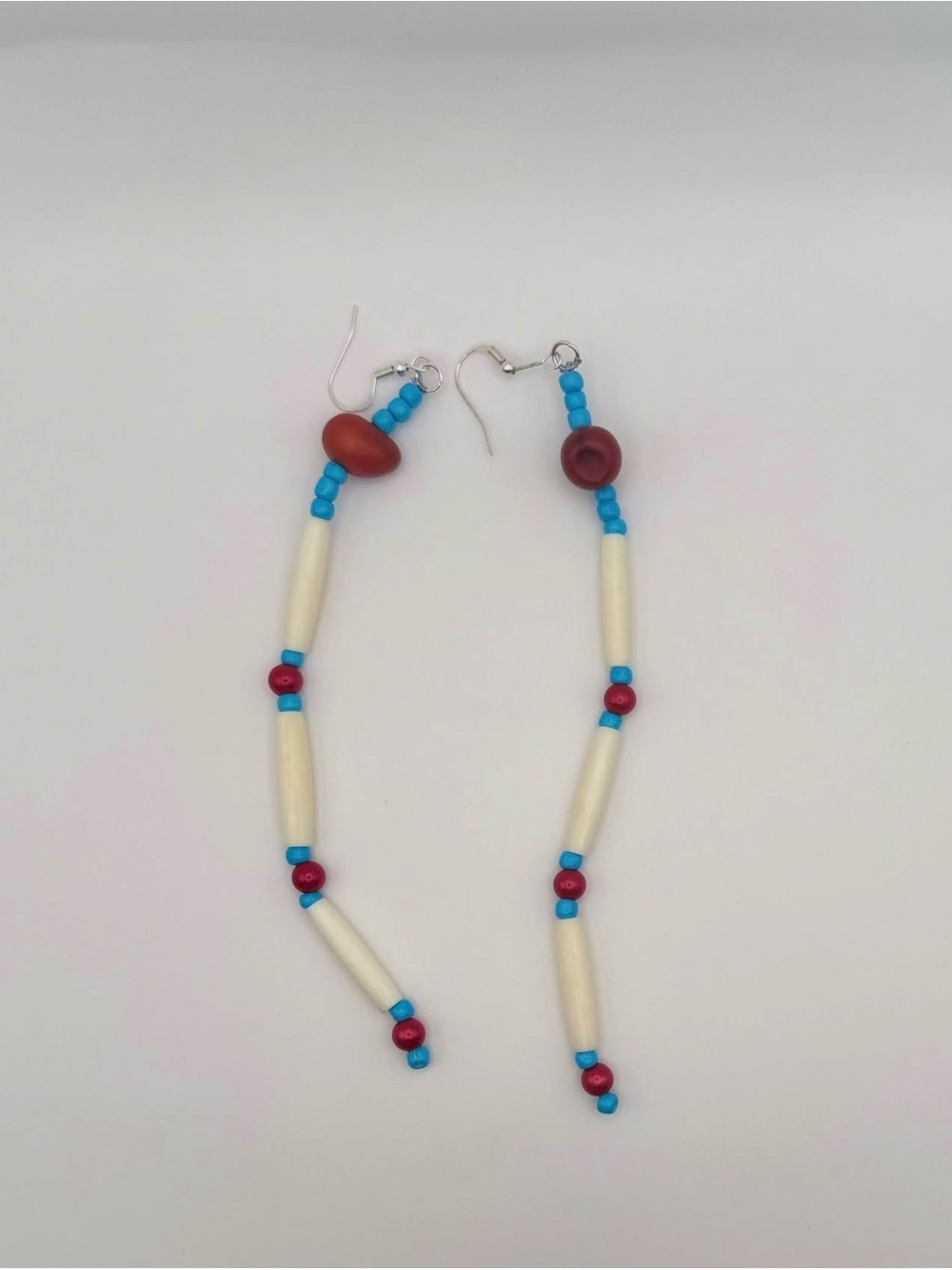 Handmade Blue, Red & Cream Beaded Drop Earrings